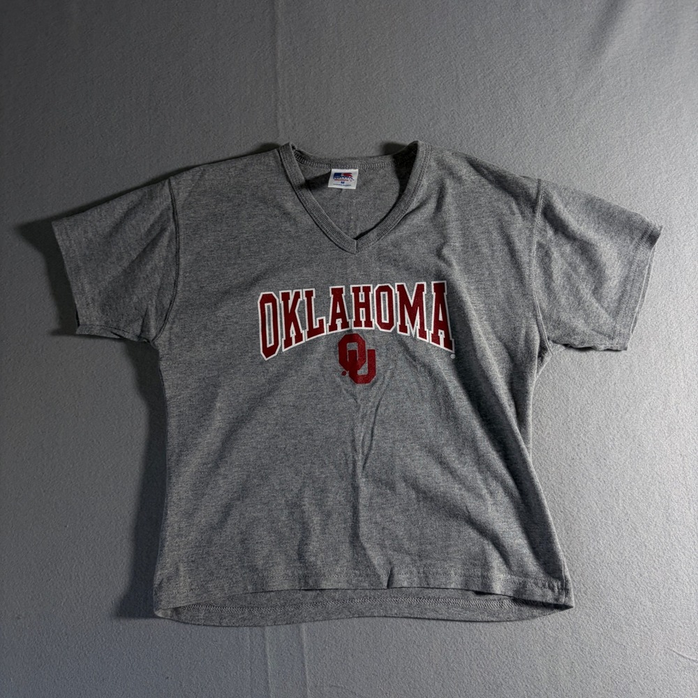 Russell Athletic Oklahoma Sooners Women M Gray V-Neck Graphic T-Shirt NCAA OU